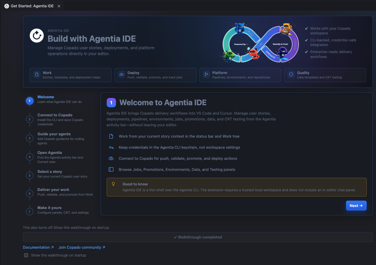 Agentia IDE getting-started view