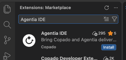 Agentia IDE in the VS Code Extensions Marketplace with the Install button.